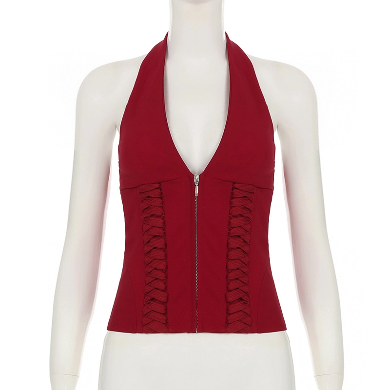 Red Zip-Up Corset Halter Top | Jennie - BlackPink - Fashion