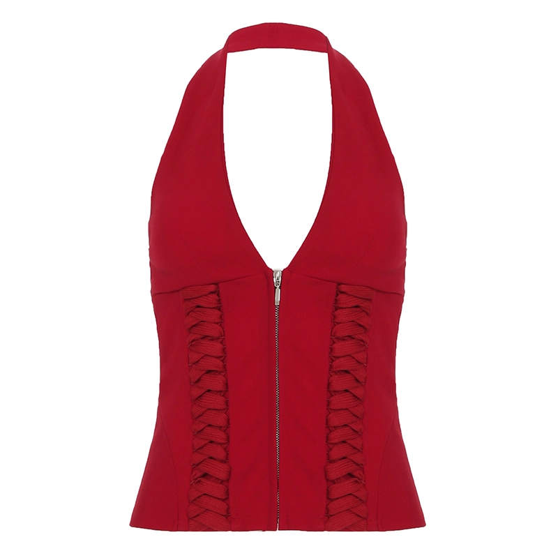 Red Zip-Up Corset Halter Top | Jennie - BlackPink - Fashion Chingu