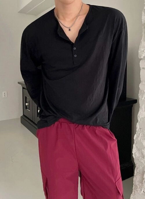 Relaxed Fit Henley Long Sleeve Tee