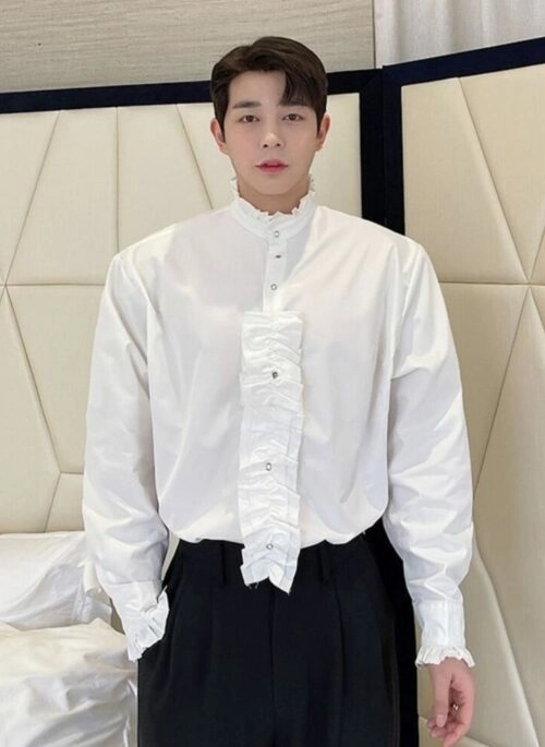 White Neck Ruffle Button-Up Shirt | Jooheon - MONSTA X