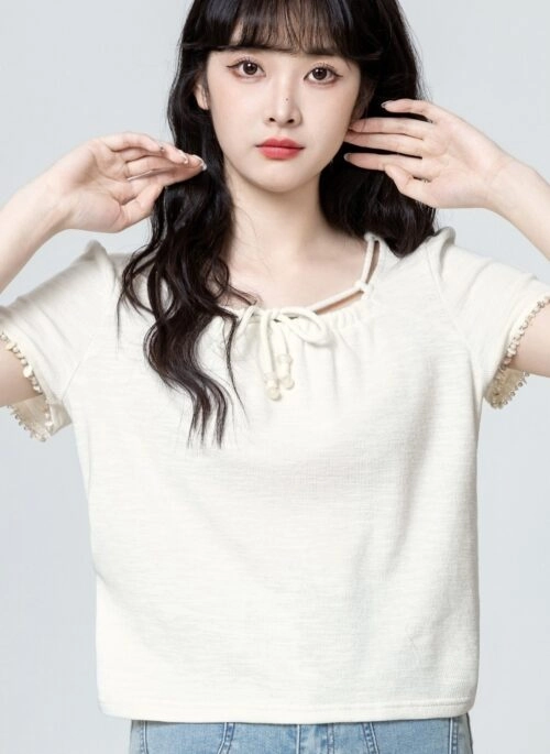 Apricot Square Neck Bow Tie Short Sleeve Top