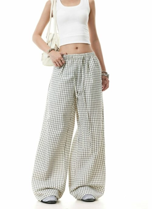 Beige Plaid Drawstring Pants | Momo – TWICE