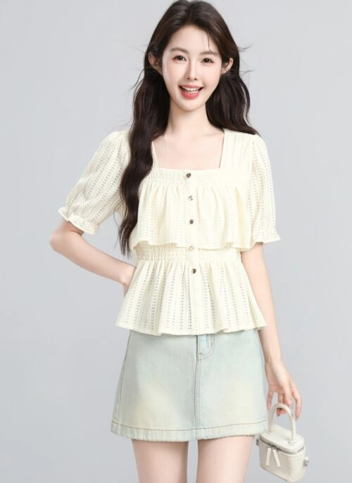 Beige Ruffled Puff Sleeve Short Blouse