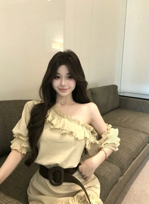 Beige Ruffles Off-Shoulder Dress | IU