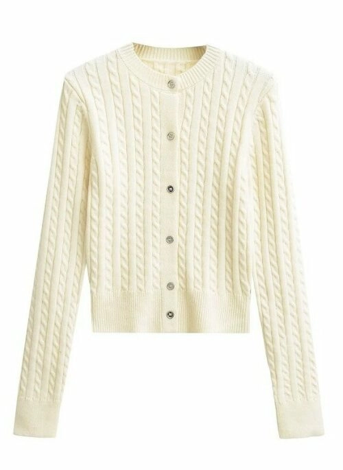 Beige Twist Knit Button-Up Cardigan | Chaeyoung – TWICE