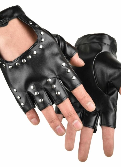 Black Faux Leather Rivetted Half-Finger Gloves | Irene - Red Velvet