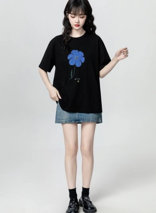 Black Floral Print Casual Short Sleeve T Shirt