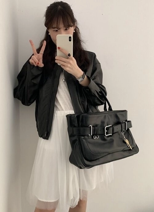 Black Large Buckle Faux Leather Handbag | Ji Kang Hee – Motel California