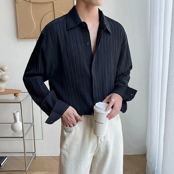 Black Pleated Textured Shirt | Jin - BTS - Fashion Chingu