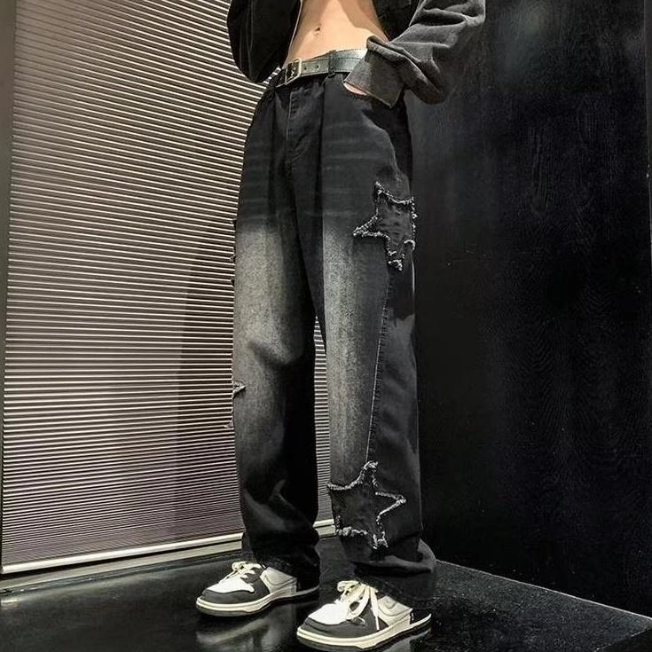 Black Ripped Star Patches Jeans | Seungmin - Stray Kids - Fashion