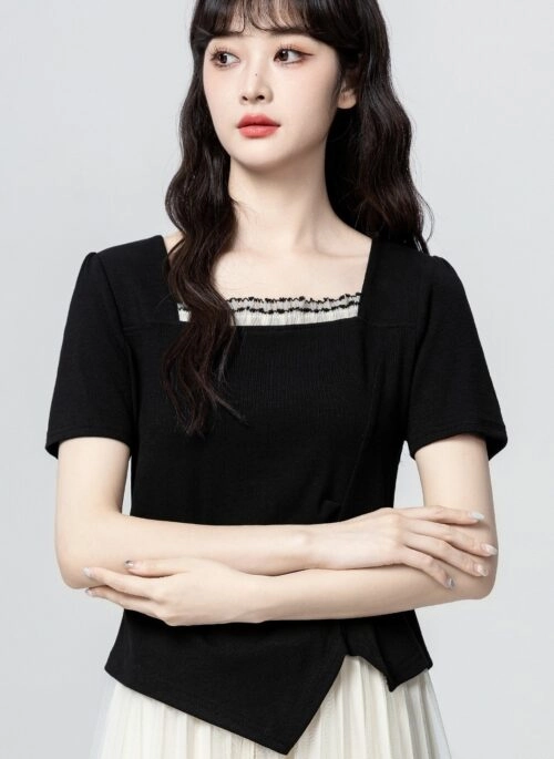 Black Ruched Asymmetrical Short Sleeve Top