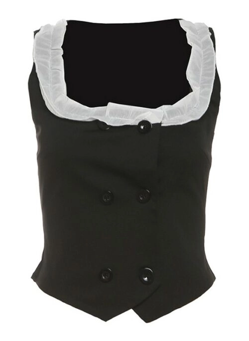 Black Ruffled Neckline Double-Breasted Vest | Jennie - BlackPink