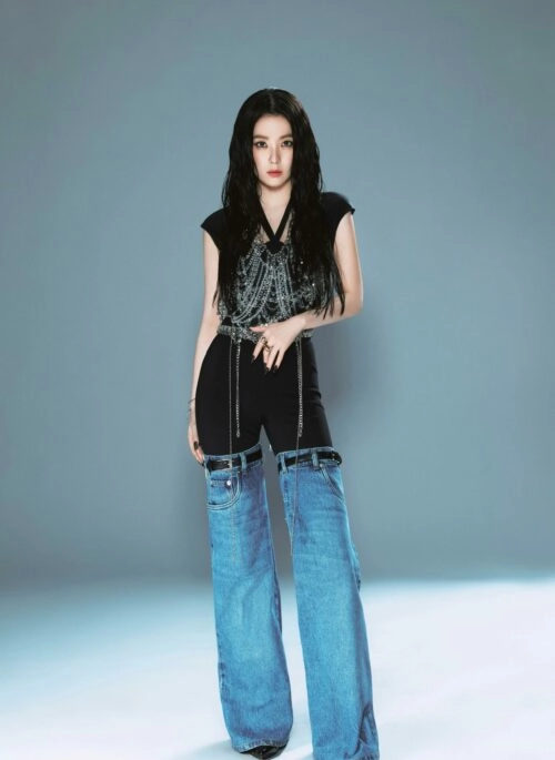 Blue And Black Buckled Jeans Illusion Pants | Irene – Red Velvet
