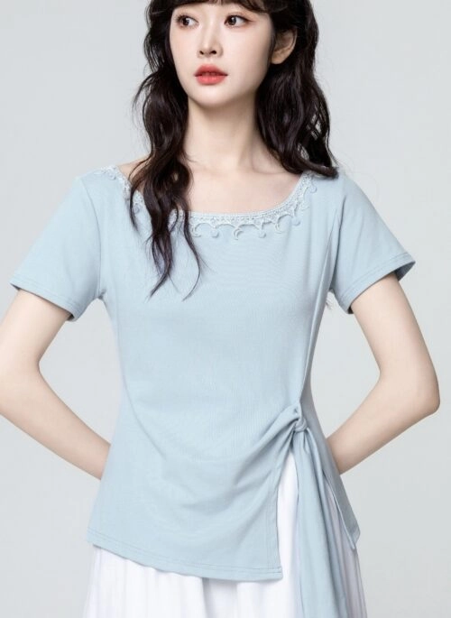 Blue Asymmetrical Split Tie Short Sleeve Top