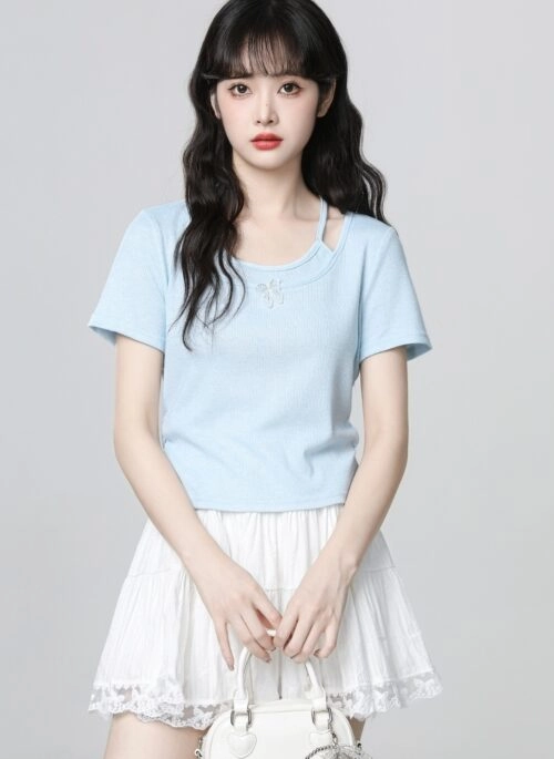 Blue Butterfly Layered Short Sleeve Crop Top