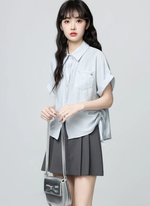 Blue Drawstring Waist Polo Collar Short Sleeve Shirt