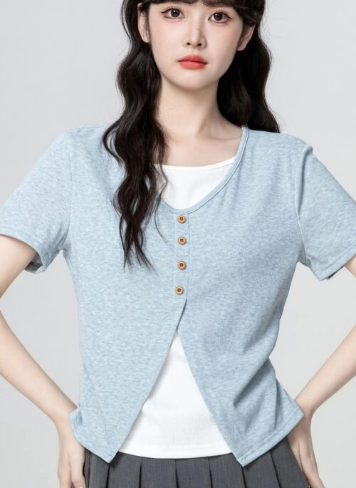 Blue Patchwork Short Sleeve Crop Top