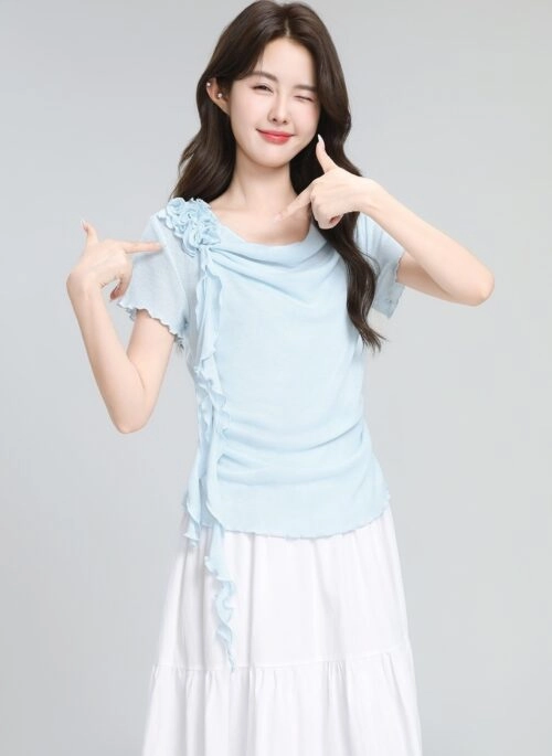 Blue Ruffled Floral Short Sleeve T Shirt