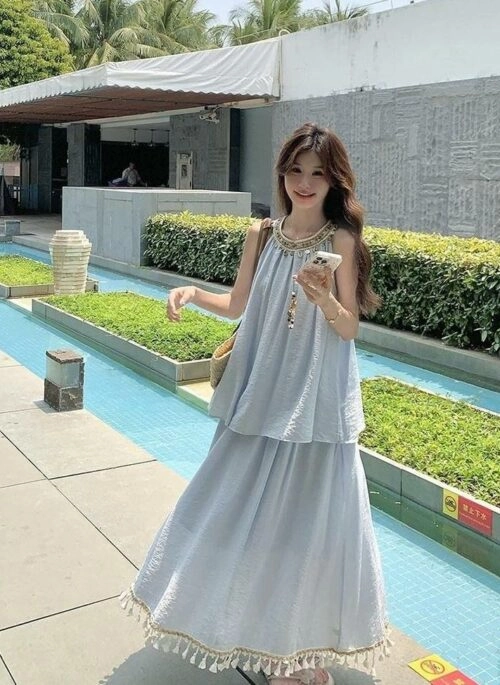 Blue Sleeveless Top And Skirt Relaxed Set