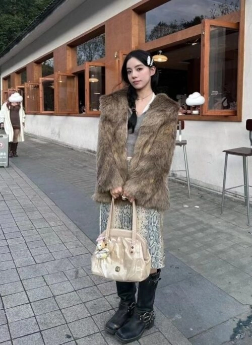 Brown Faux Fur Winter Coat | Jihyo – TWICE