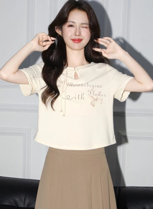 Butterfly Print Hollow Out Short Sleeve Top