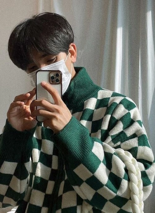 Checkered Knit Cardigan Sweater
