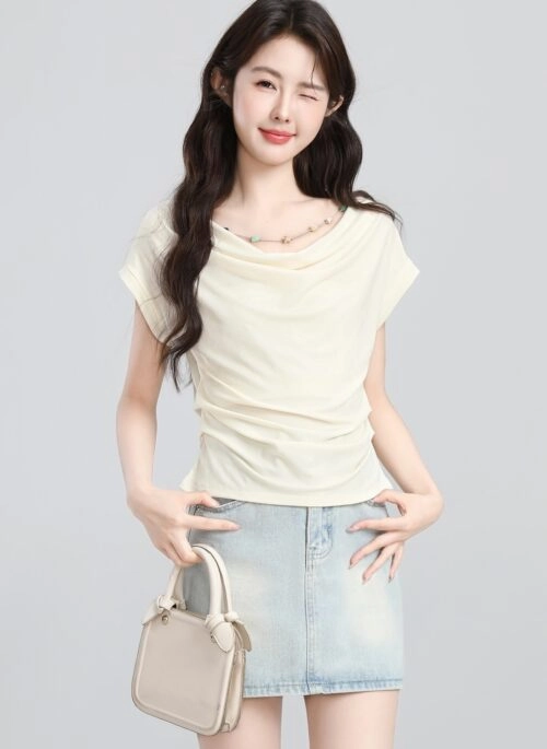 Chic French Style Draped Waist Slim Fit Top