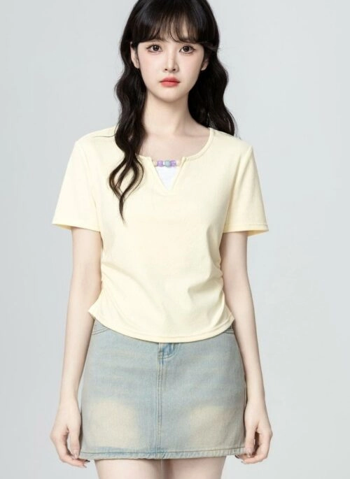 Cream V Neck Short Sleeve Colorblock T Shirt