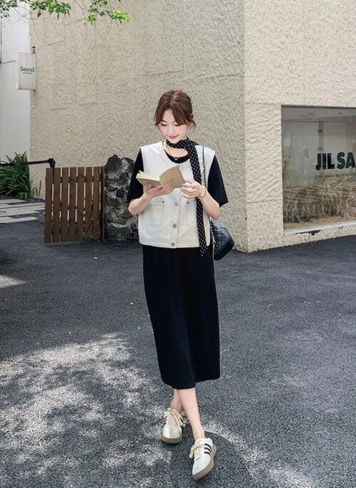 Denim Vest Black Dress Casual Set