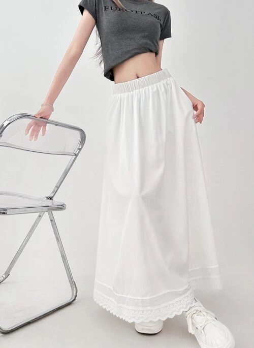 Elegant Lace High Waist Flowy White Skirt