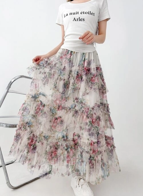 Floral Ruffle Mesh A Line Midi Skirt