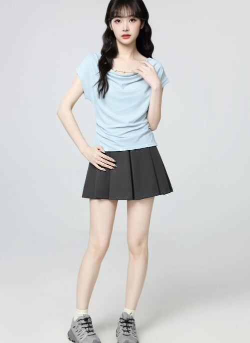 French Blue Cowl Neck Slim Fit Short Sleeve Top