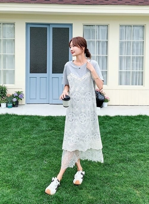 French Lace Patchwork Sweet Slim Long Dress