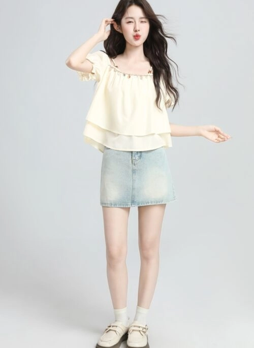 French Style Puff Sleeve Short Blouse