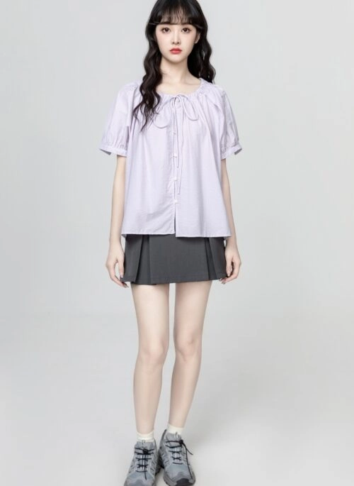 French Style Purple Puff Sleeve Short Sleeve Shirt