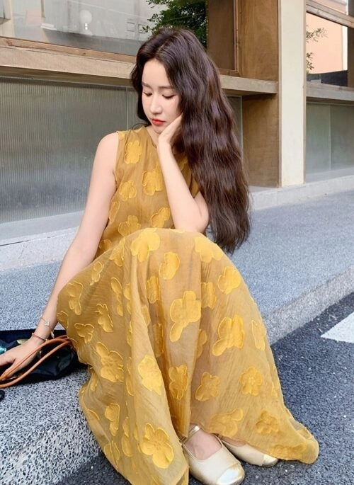 French Style Yellow Floral Print Casual Maxi Dress