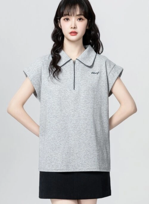 Gray Half Zip Short Sleeve Polo Shirt