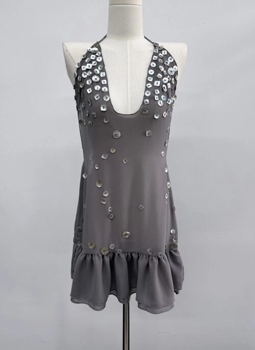 Grey Button Accent Halter Neck Dress | Jennie – BlackPink
