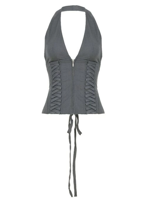 Grey Deep V-Neck Lace-Up Vest | Seulgi – Red Velvet