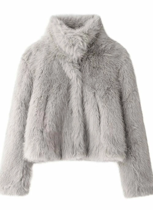 Grey Faux Fur Collared Jacket | Nayeon –  TWICE
