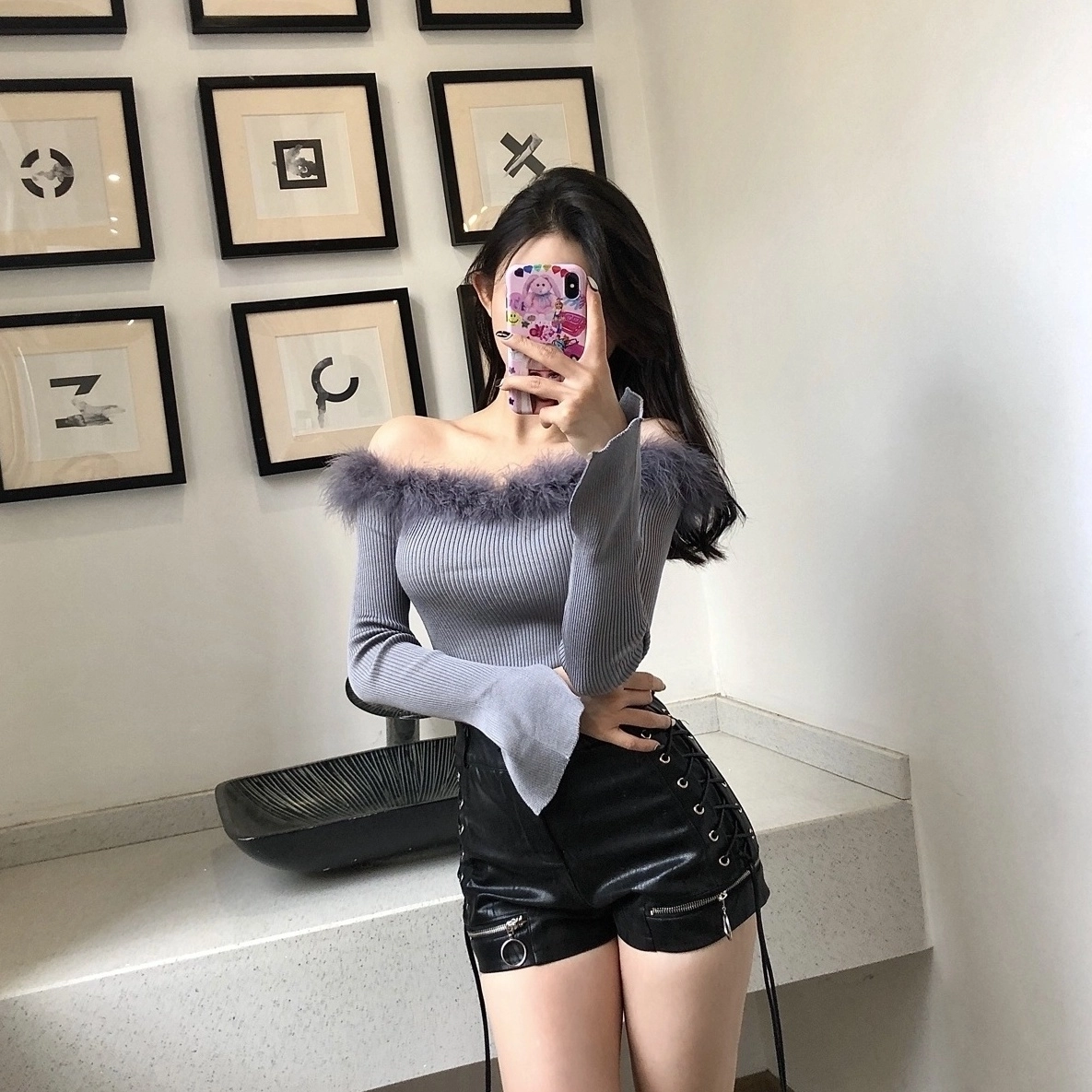 Grey-Off-Shoulder-Fur-Trim-