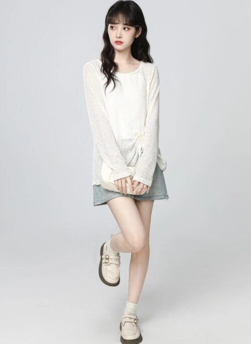 Ivory Ruched Lightweight Long Sleeve Sun Protection Top