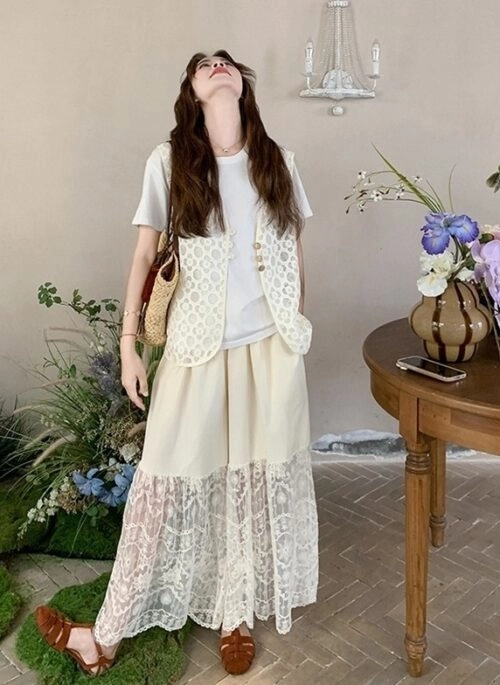 Jacquard Vest Lace Patchwork French Style Three Piece Set