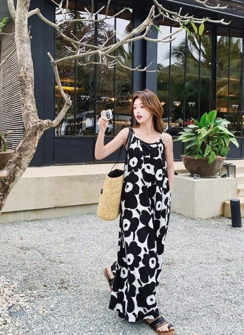 Korean Style Floral Print Lightweight Wide Leg Jumpsuit
