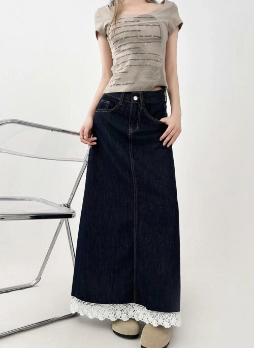 Lace Patchwork Denim High Waist A Line Skirt