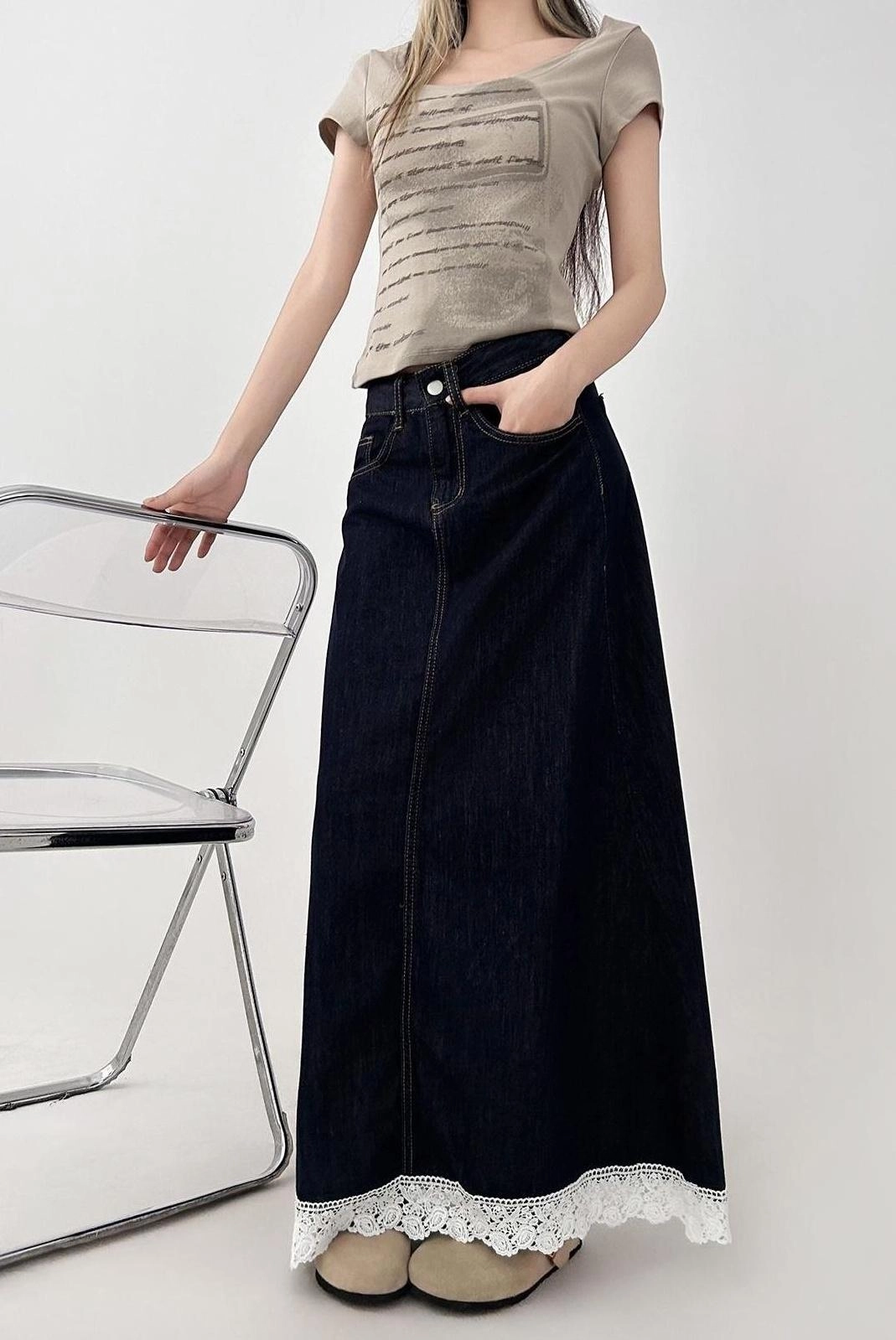 Lace Patchwork Denim High Waist A Line Skirt - Fashion Chingu