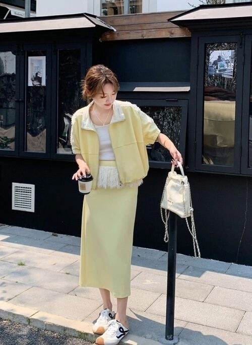 Lace Trim Yellow Sweatshirt And Skirt Set