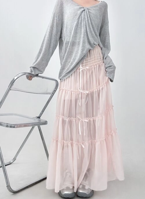 Lace Up Bow Tiered Flowy Midi Skirt
