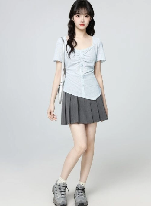 Light Blue Ruched Asymmetrical Hem Short Sleeve Top