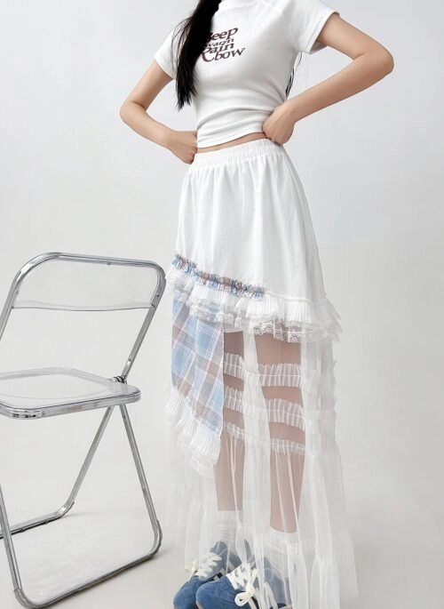 Mesh Plaid High Waist Irregular Midi Skirt